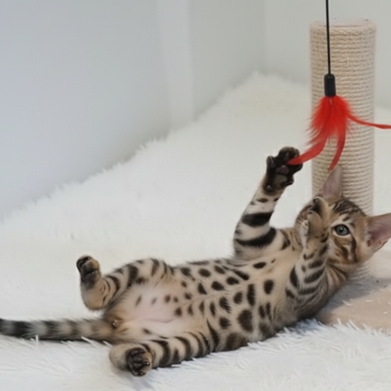 Linda Gatita bengalí jugando con un juguete de plumas sobre una alfombra blanca.