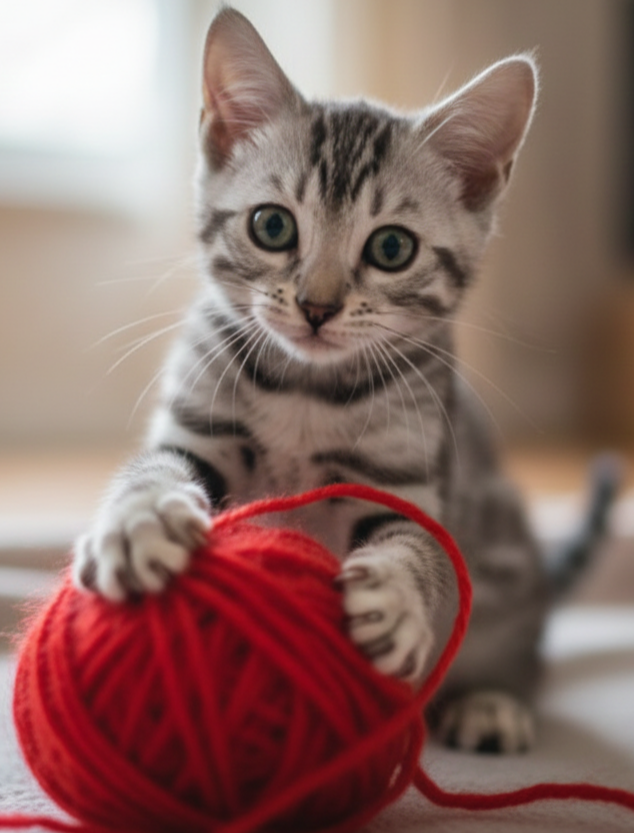 Thor Thor jugando con un ovillo de lana roja.