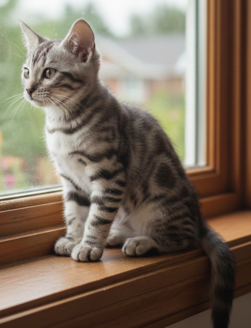 Thor Thor sentado en una repisa junto a la ventana con vista al exterior.