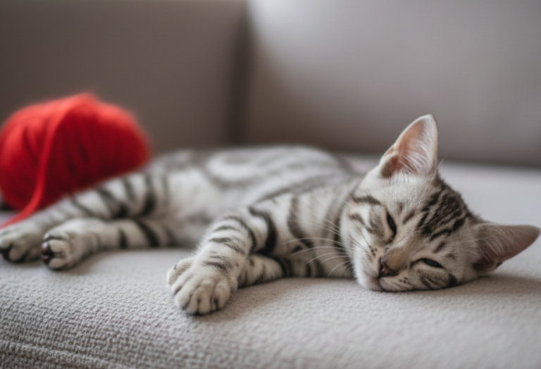 Thor Thor dormido sobre un sofá con un ovillo de lana rojo al lado.