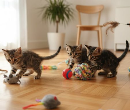 Tres gatitos jugando con juguetes en un salón luminoso y acogedor.