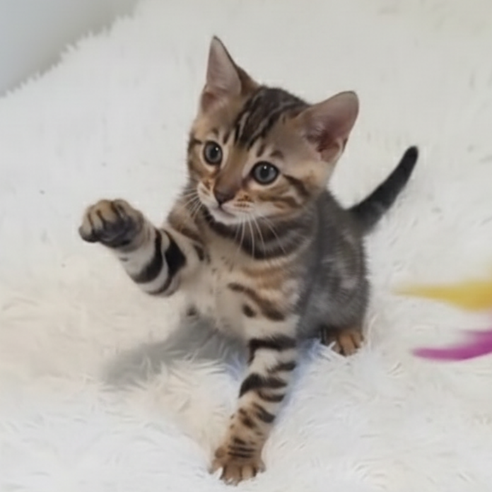 Nina Gatita bengalí de pie, levantando una pata delantera sobre una superficie suave.