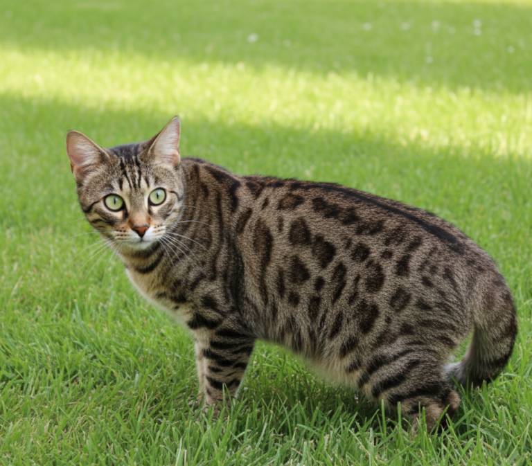 Gata atigrado con manchas, de pie .