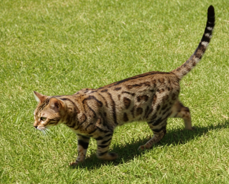 Gata de bengala caminando sobre césped verde.