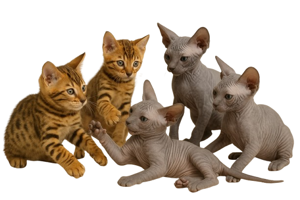 gatitos bengalí jugando con gatitos sphynx