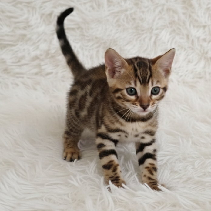 Nina Gatita bengalí con pelaje marrón y manchas en un fondo de alfombra blanca.