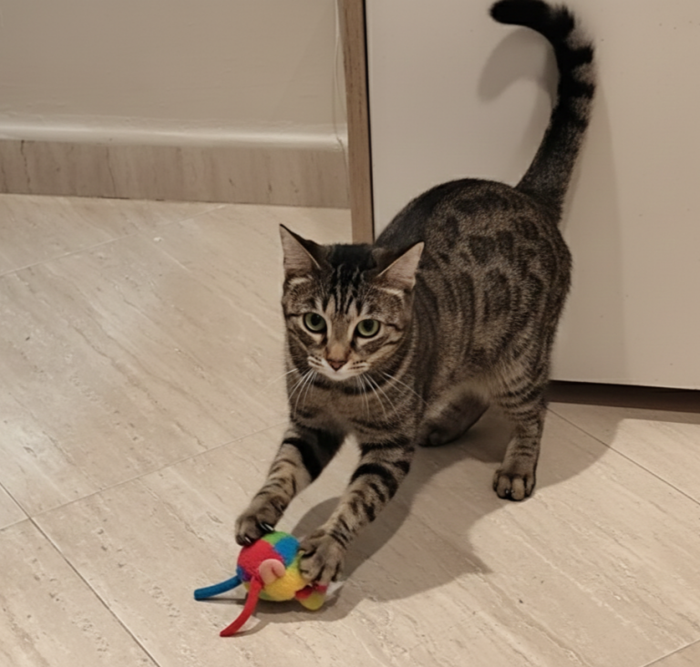 Nala jugando con una pelota de colores en el suelo.