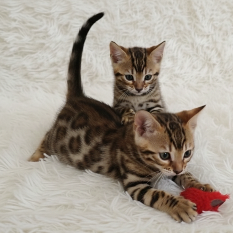Nina y noa Dos gatitas bengalíes jugando sobre una superficie blanca y suave.